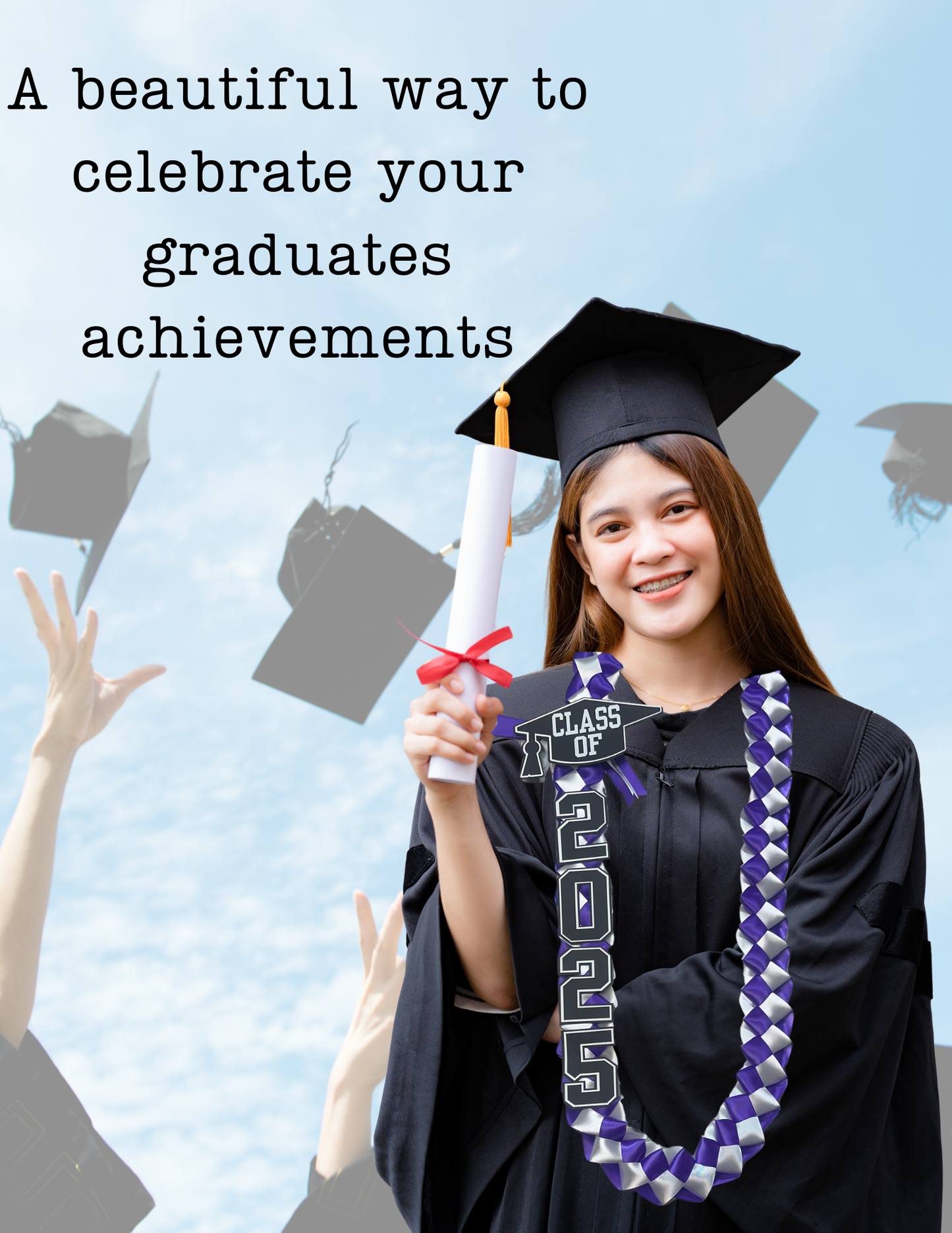 Handmade Graduation Lei | 26 inch with Class of 2025 cap | Hand braided satin ribbon