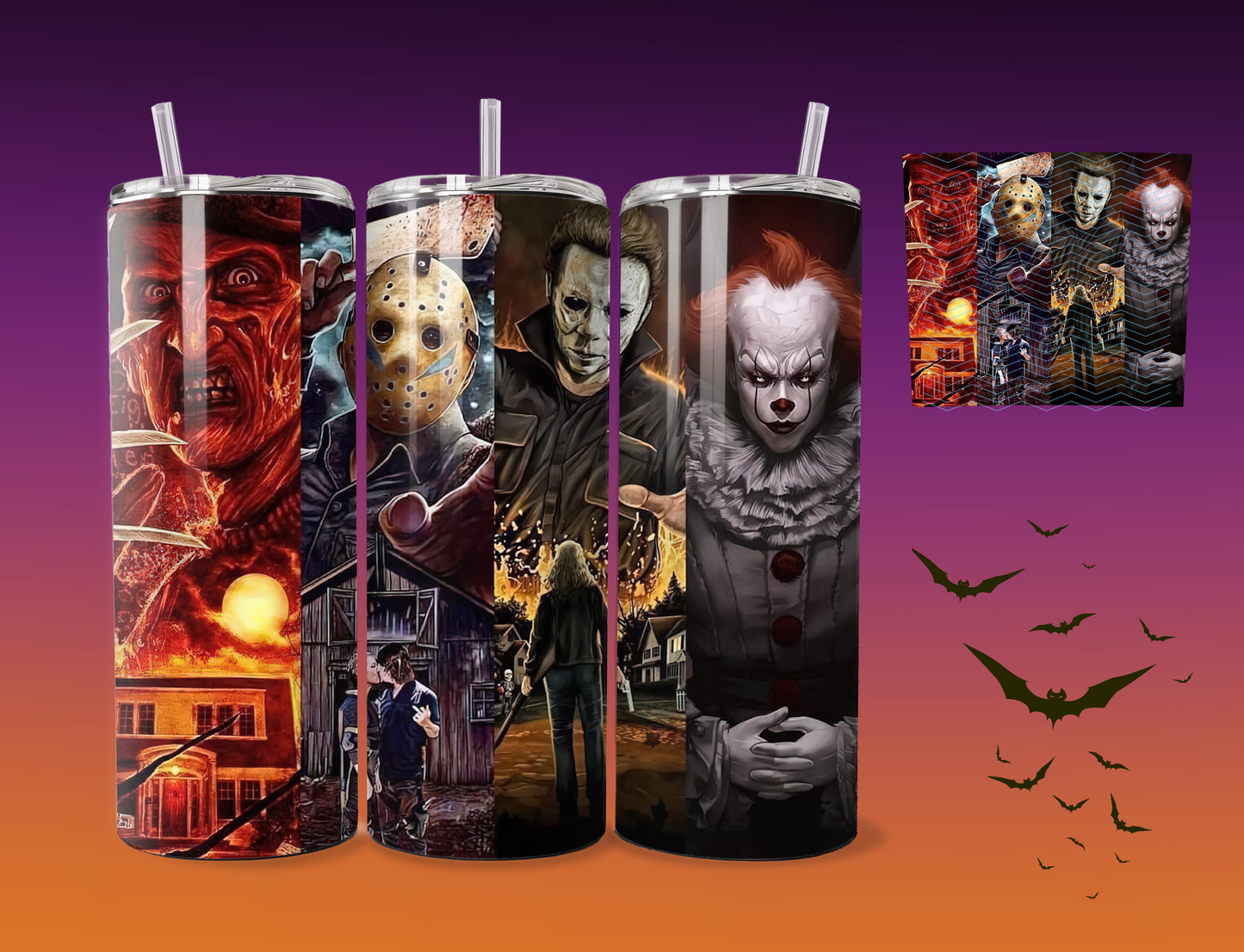 4 SK's 20 ounce tumbler | Pennywise | Freddy | House scene | Cup with lid | Straw with rubber bottom