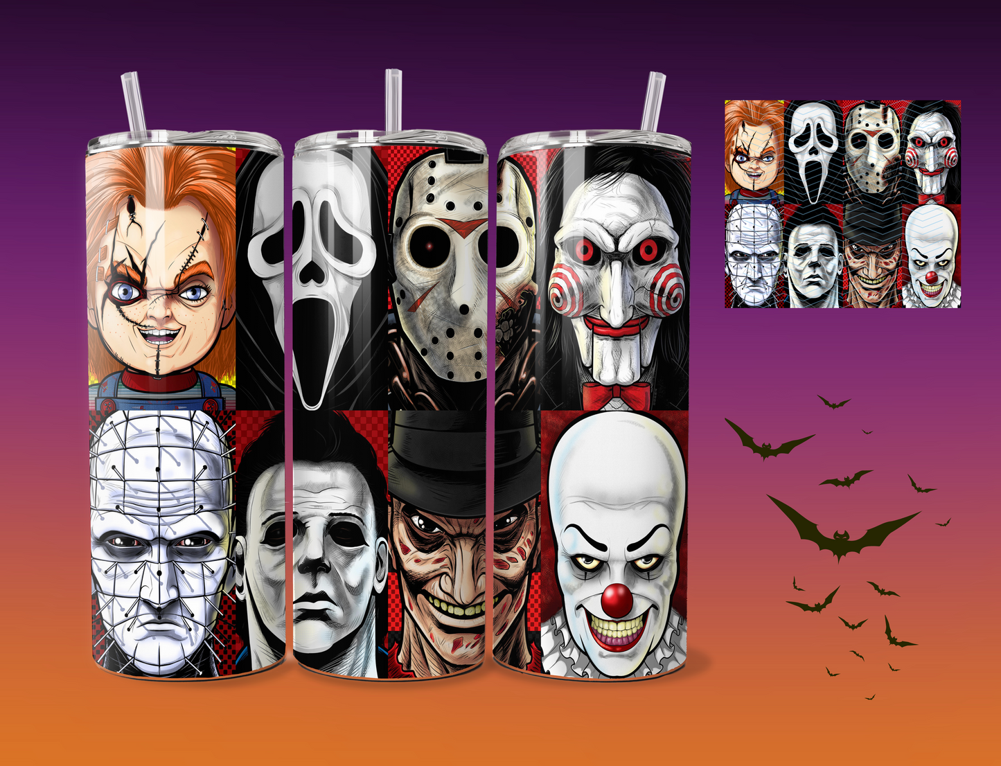 Slashers Tumbler | It | Ghostface | Freddy | Full faces | 8 SK's