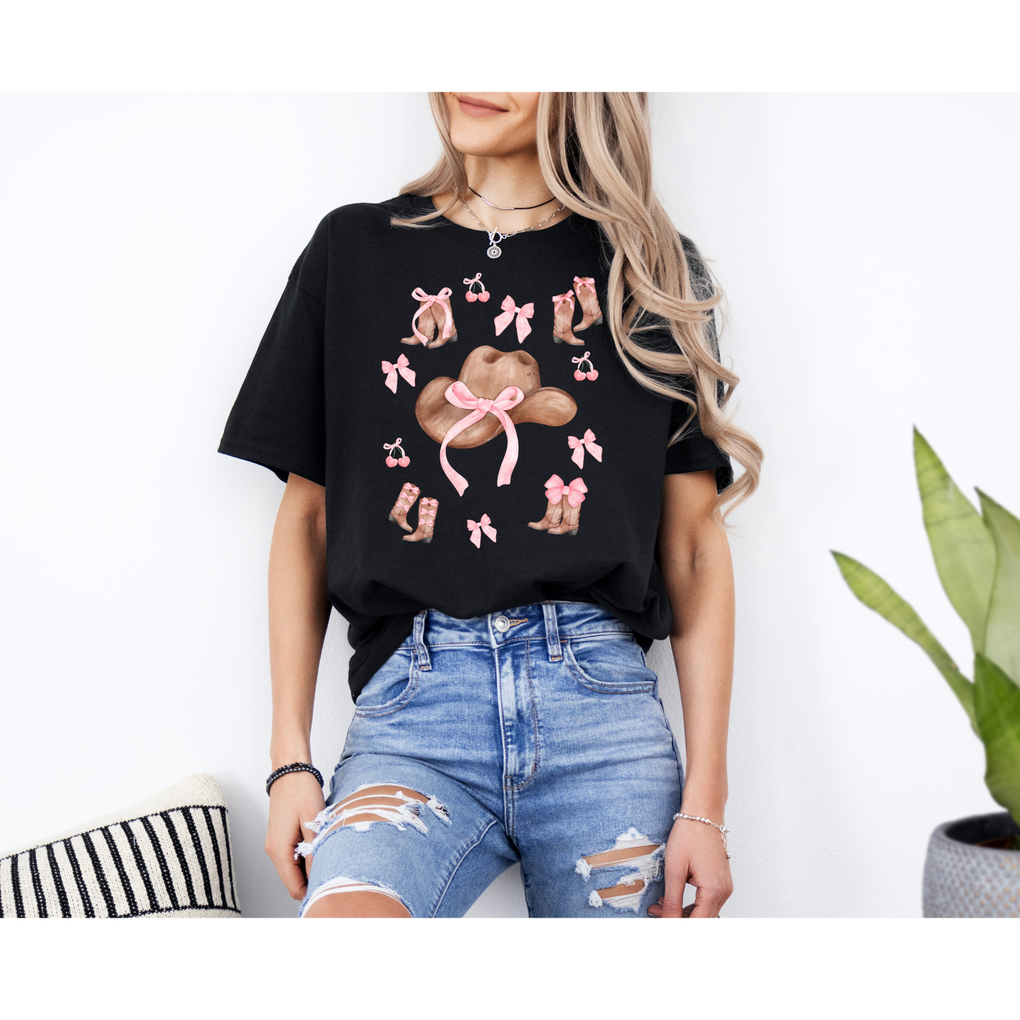 Cowboy Hat and Bows Shirt | DTF printed | White , pink , black , Sand shirt | Cowboy | Cowgirl