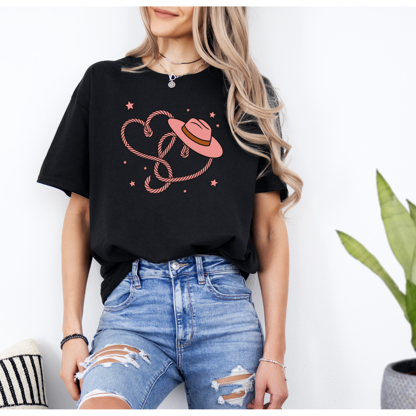 Heart in Ropes with Cowboy hat shirt | Hearts | Cowgirl Hat | Colors Black , Light Pink , Sand , White | Sizes Small to 4 X large