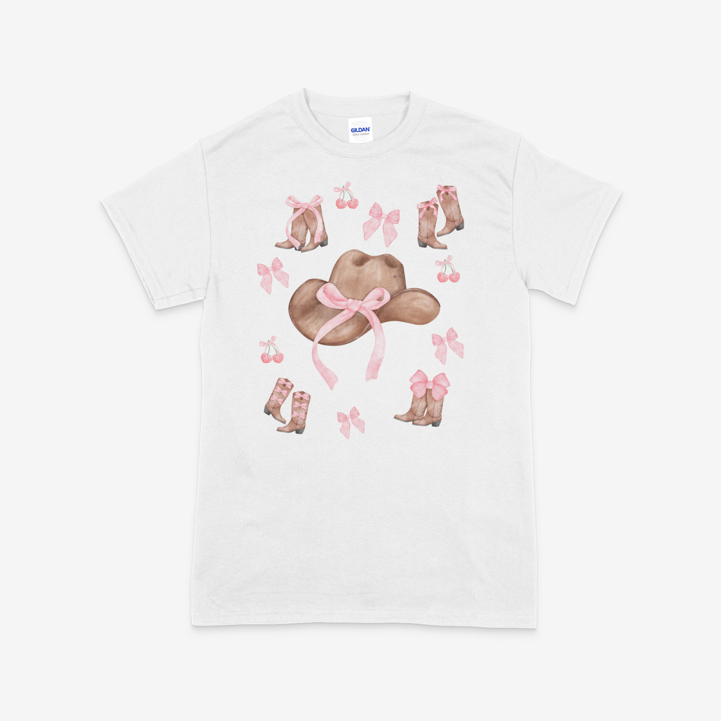 Cowboy Hat and Bows Shirt | DTF printed | White , pink , black , Sand shirt | Cowboy | Cowgirl