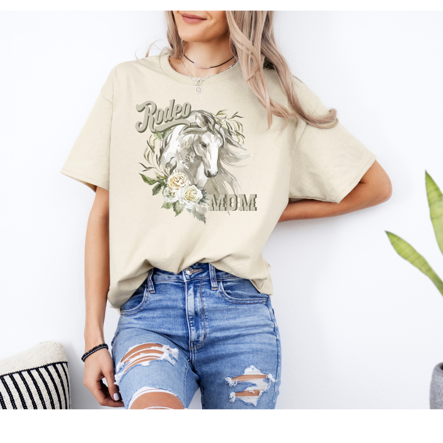 Rodeo Mom Shirt | Rodeo | Mom Shirt | Horses and flowers | Direct to Film | Colors available sand , light pink , black , and white