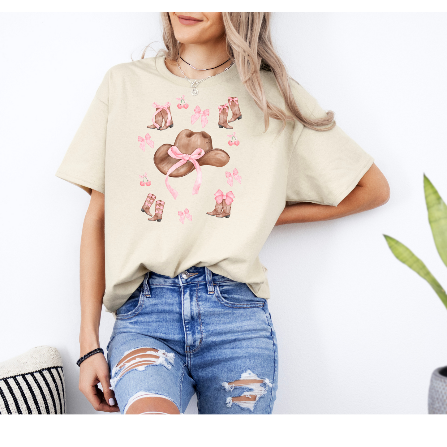 Cowboy Hat and Bows Shirt | DTF printed | White , pink , black , Sand shirt | Cowboy | Cowgirl