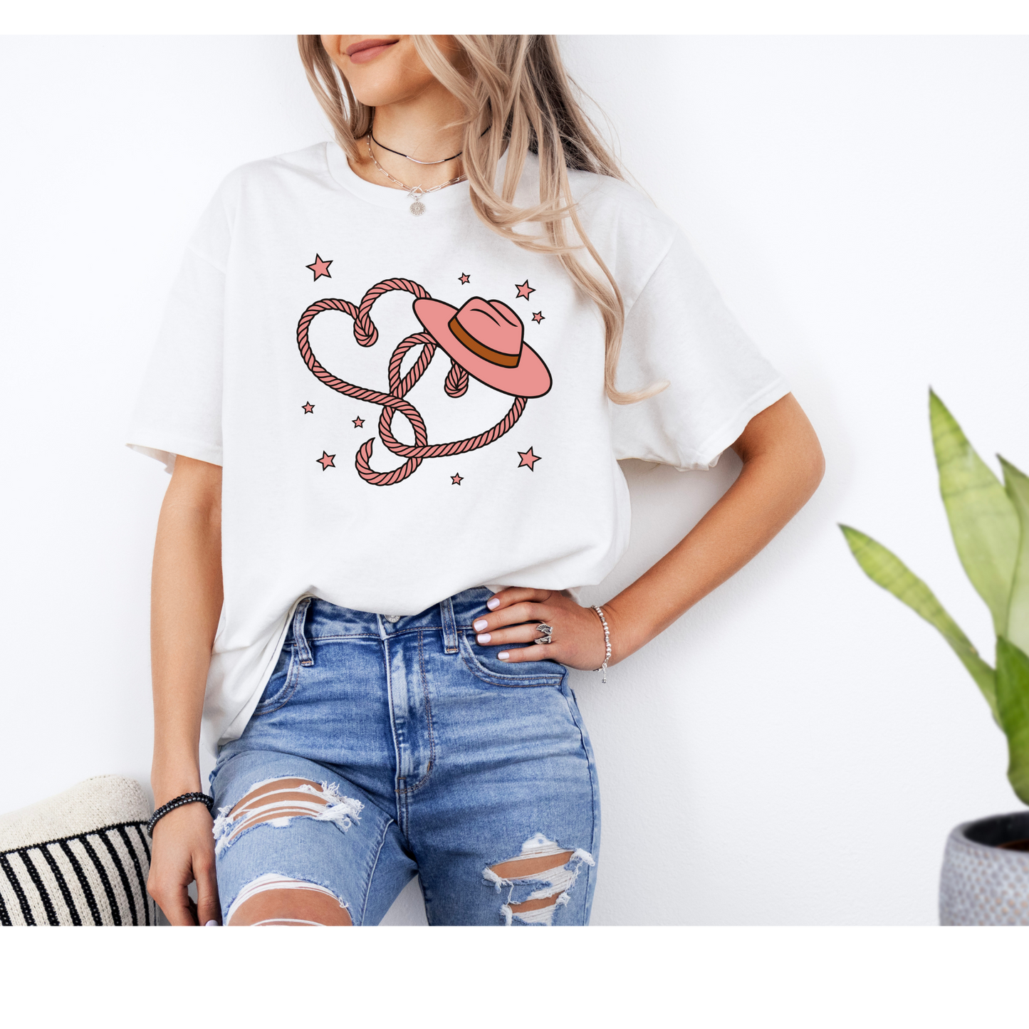 Heart in Ropes with Cowboy hat shirt | Hearts | Cowgirl Hat | Colors Black , Light Pink , Sand , White | Sizes Small to 4 X large