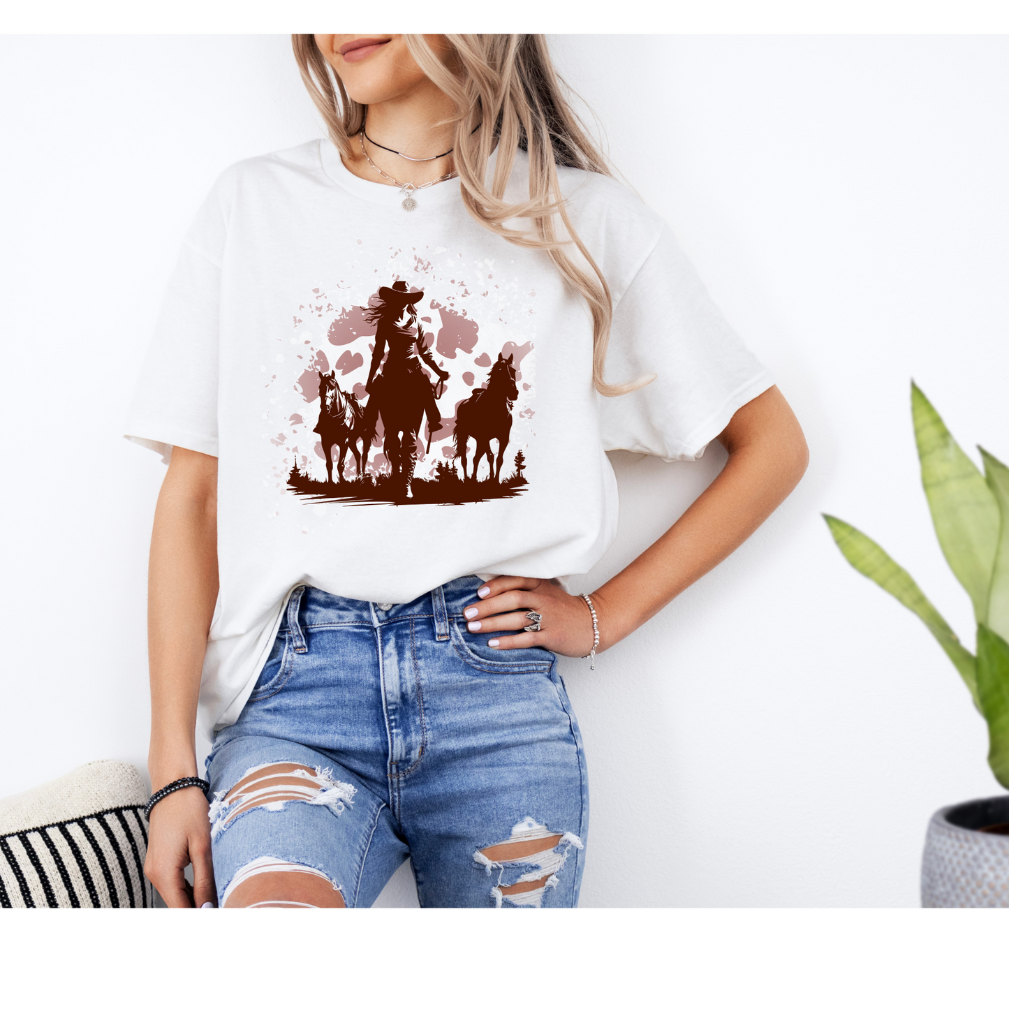 Cowboy Horses T shirt | Gildan Heavy Cotton| Cowgirl | Sand , Light Pink, White colors | Sizes Small to 4 Xl |