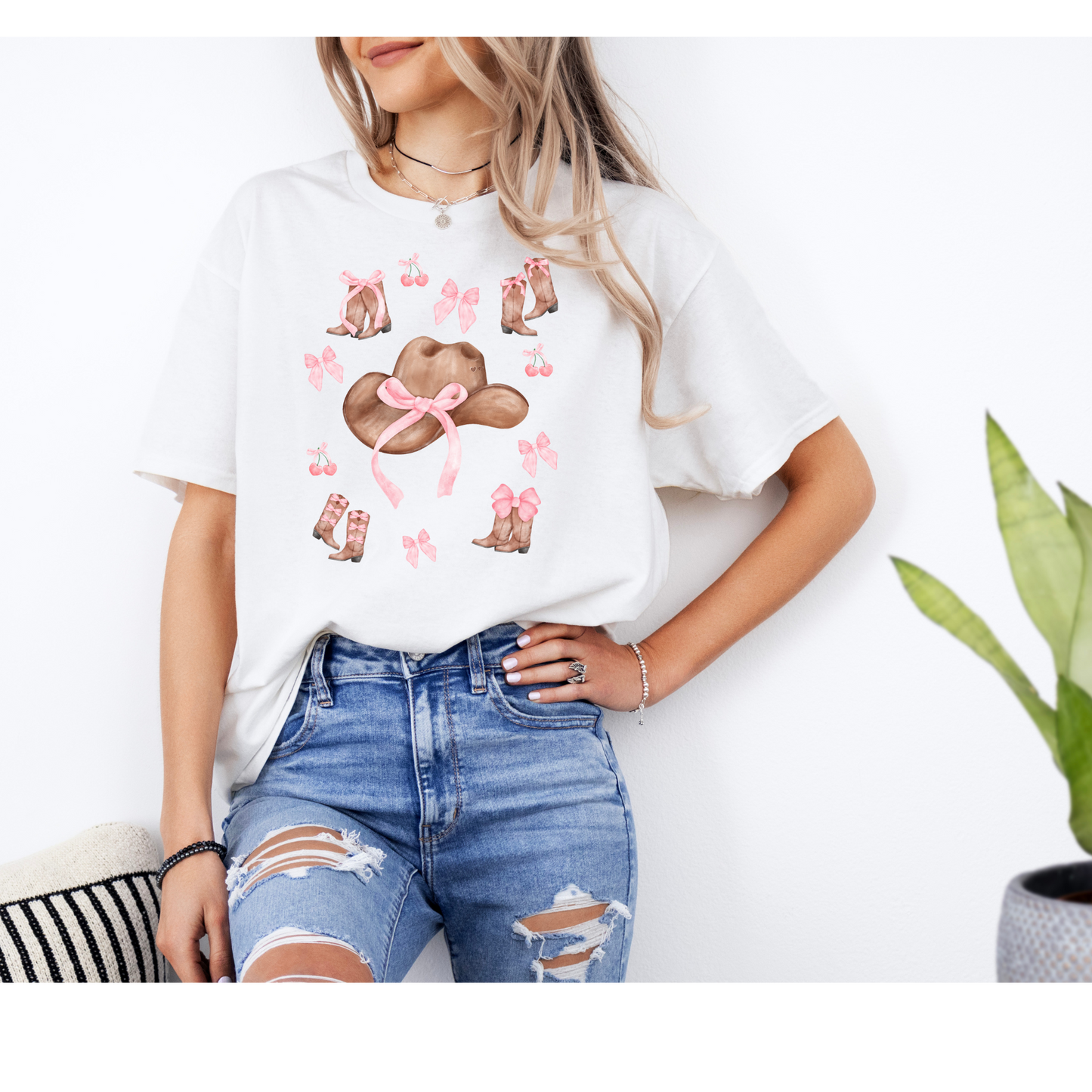 Cowboy Hat and Bows Shirt | DTF printed | White , pink , black , Sand shirt | Cowboy | Cowgirl