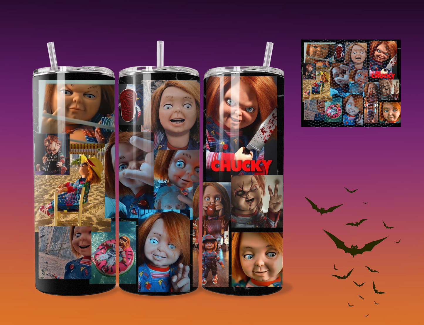 Chucky collage cup | Tumbler 20 ounces | Cup with lid | Straw | rubber bottom for anti slip