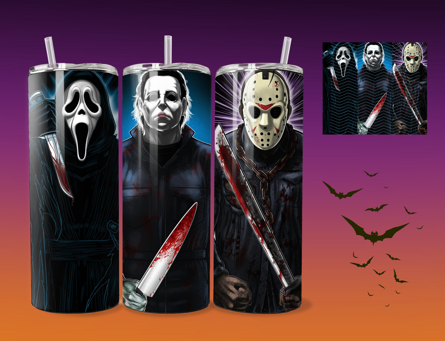Ghostface | Michael Myers | Jason Vorhees | Slashers tumbler | 20 Oz cup | Cup with lid | Rubber bottom