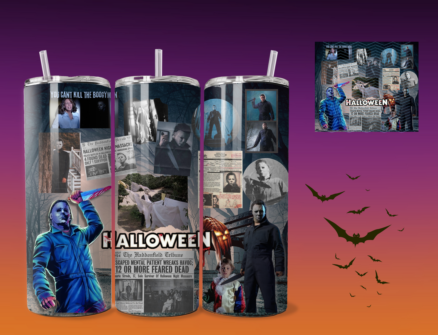 Halloween newspaper cup | Sublimation | Newspaper clippings | 20 ounce tumbler | Cup with lid | Boogeyman |