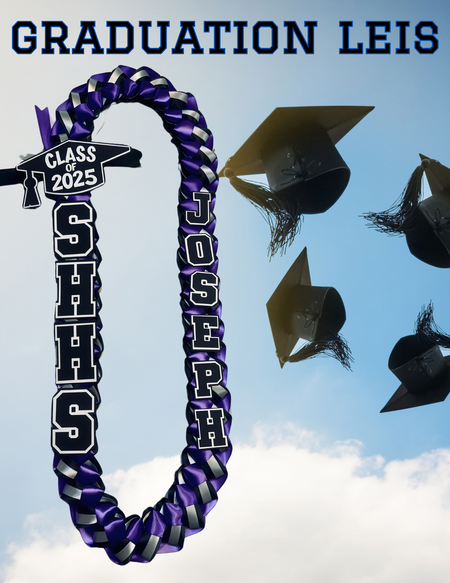 2025 Graduation Lei - Customizable Satin Ribbon Lei with Name & School | Handmade Soft Keepsake | Class of 2025 Personalized Gift | J B Designs