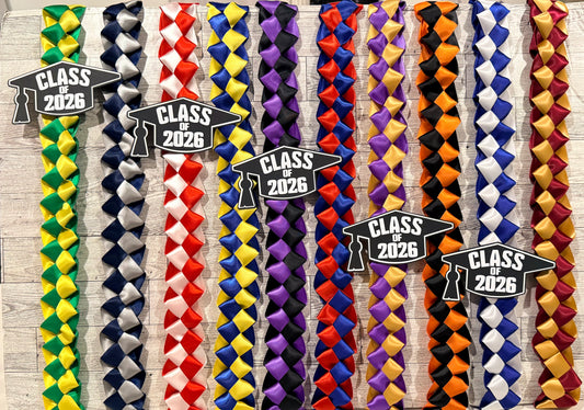 Graduation Lei | Handmade Graduation Lei with Class of 2026 Cap | Braided Satin Ribbon Keepsake | Custom 2 Color Combo | Ships Next Day |26 Inches length