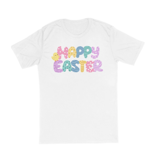 Happy Easter baby chick | Custom Easter DTF Printed T-Shirts | Vibrant Holiday Designs | White & Heather Gray