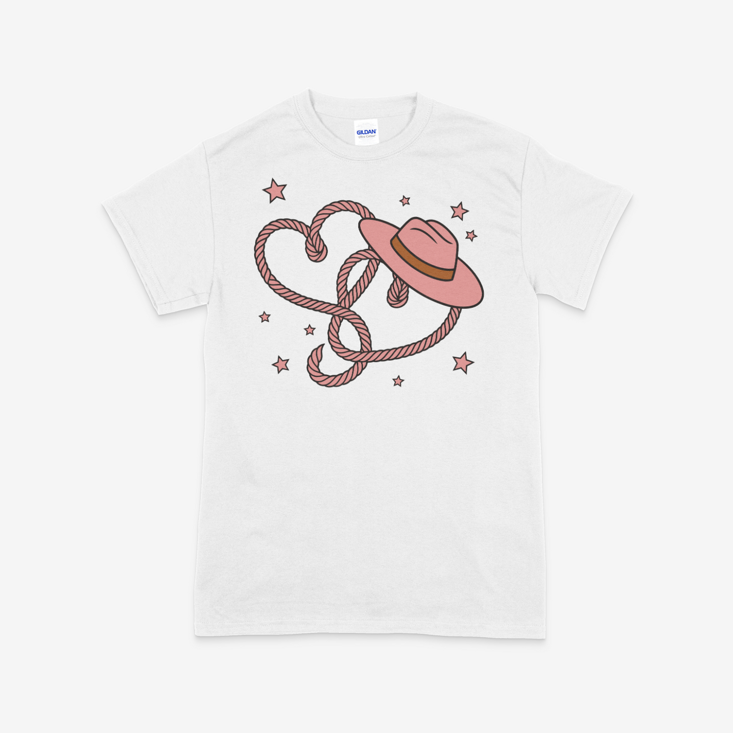 Heart in Ropes with Cowboy hat shirt | Hearts | Cowgirl Hat | Colors Black , Light Pink , Sand , White | Sizes Small to 4 X large