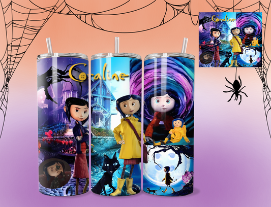 Coraline | Coraline with cat | Tumbler 20 ounces | Haunted house | Custom cup | Cup with lid | Cup with straw