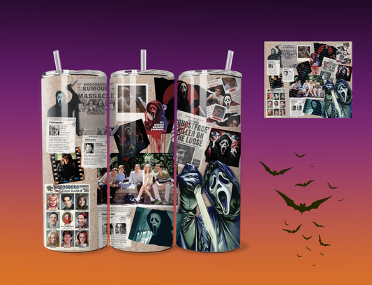 Ghostface collage tumbler | 20 ounce tumbler | cup with lid | top Ghostface scenes | Horror movie | Halloween