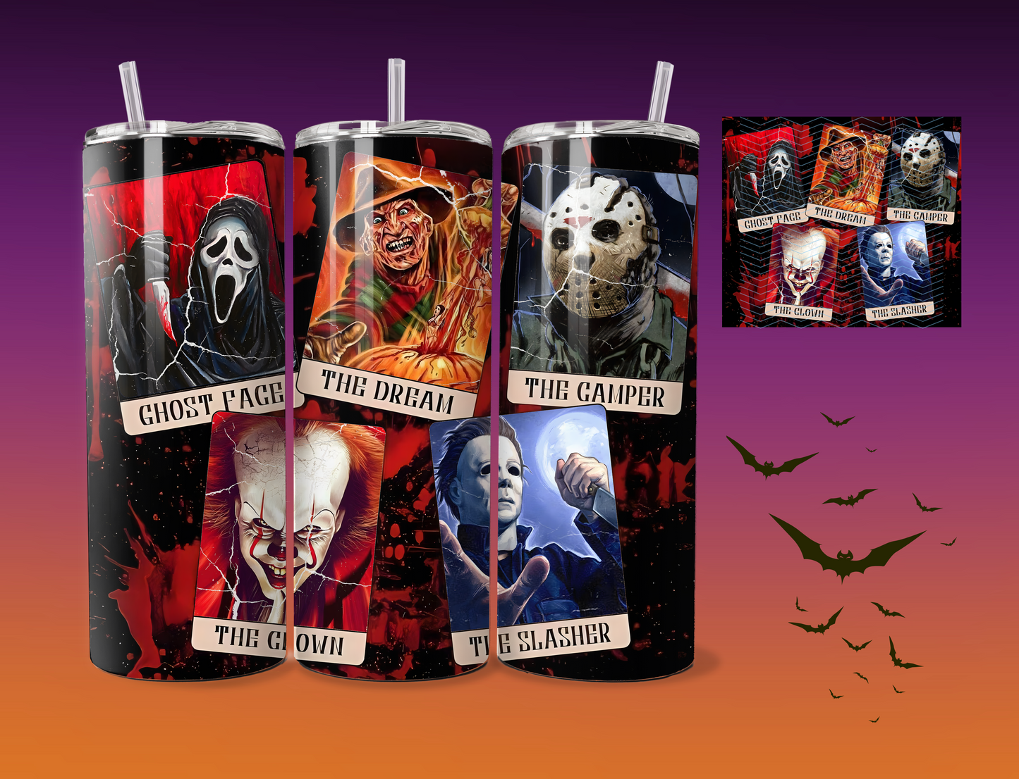 Portraits collage of slashers | Ghostface | The Dream | The camper | The clown | The slasher | 20 ounce tumbler
